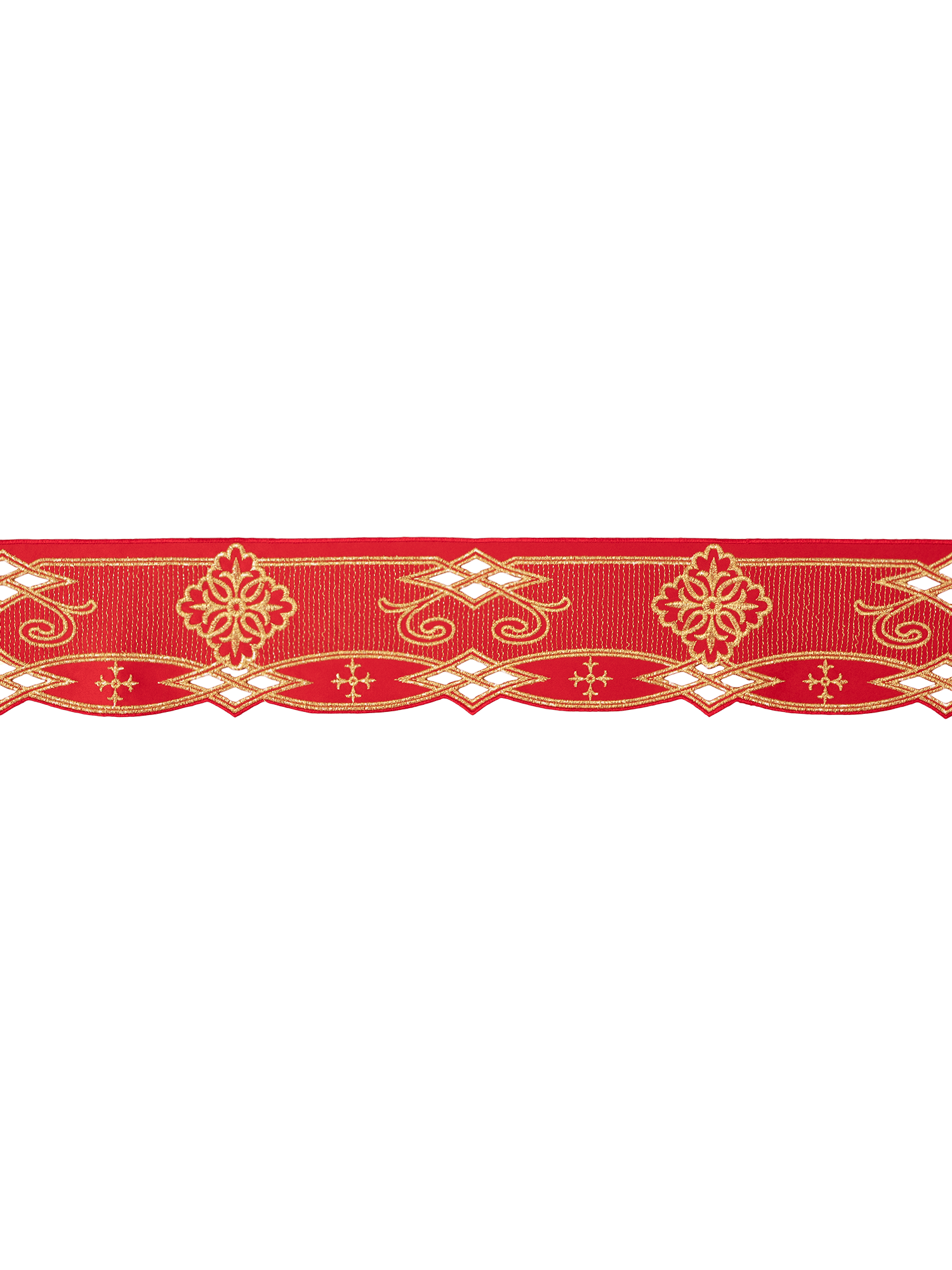 Trimmings with front embroidery Rosette in red KOM/030/02 9cm 3,5m - HAFTINAUSA.COM