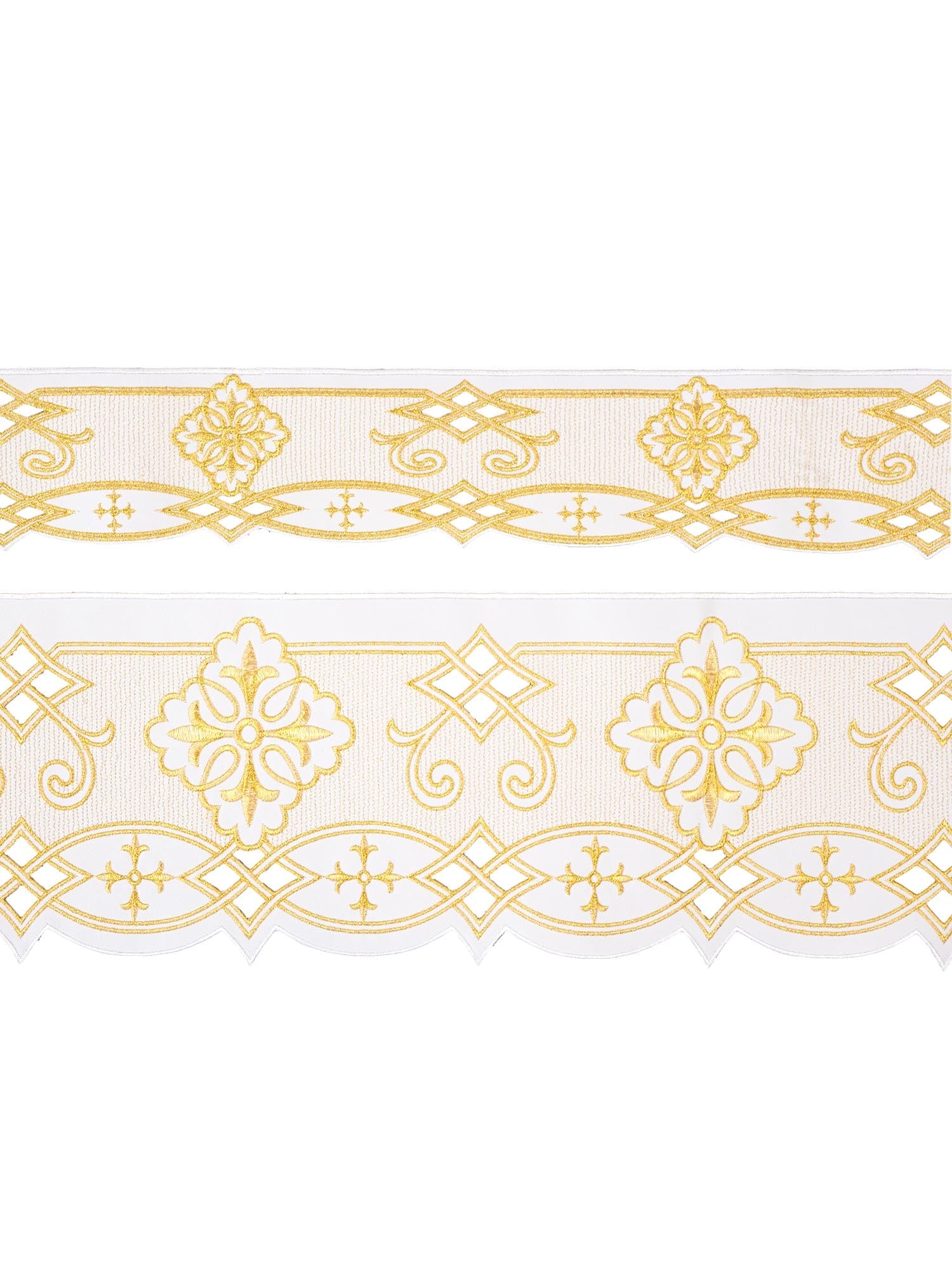 Trimmings with front embroidery Rosette in white KOM/030/04 9cm 3,5m - HAFTINAUSA.COM