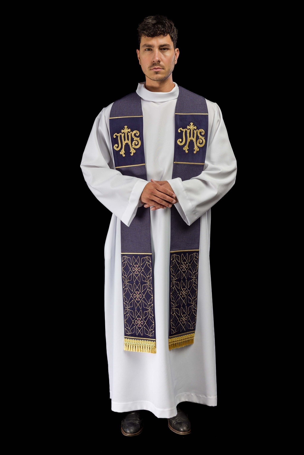 Velvet Embroidered Stole with IHS Motif in Purple S-2055-03-70 - CHASUBLES.COM