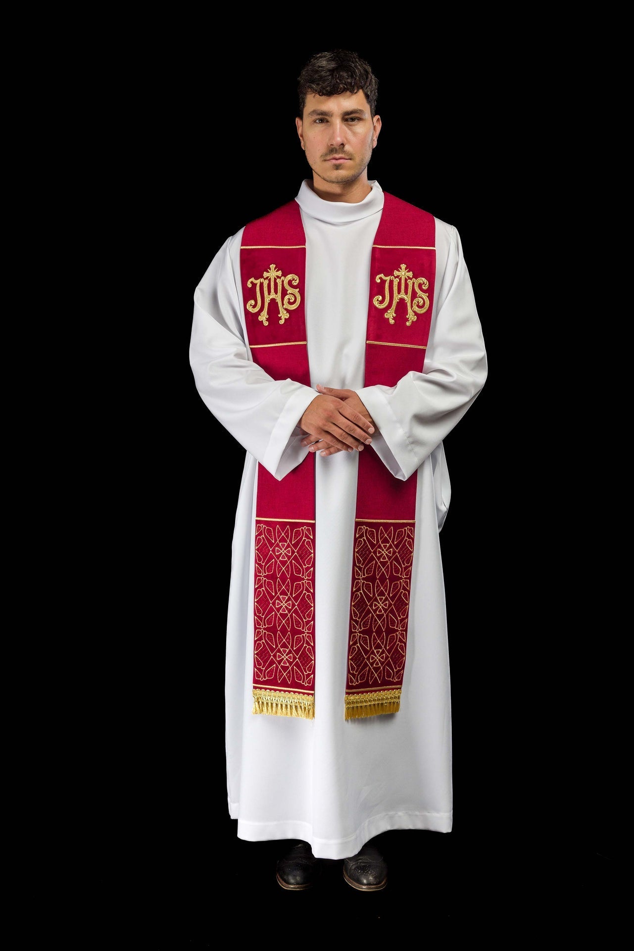Velvet Embroidered Stole with IHS Motif in Red S-2055-02-70 - CHASUBLES.COM