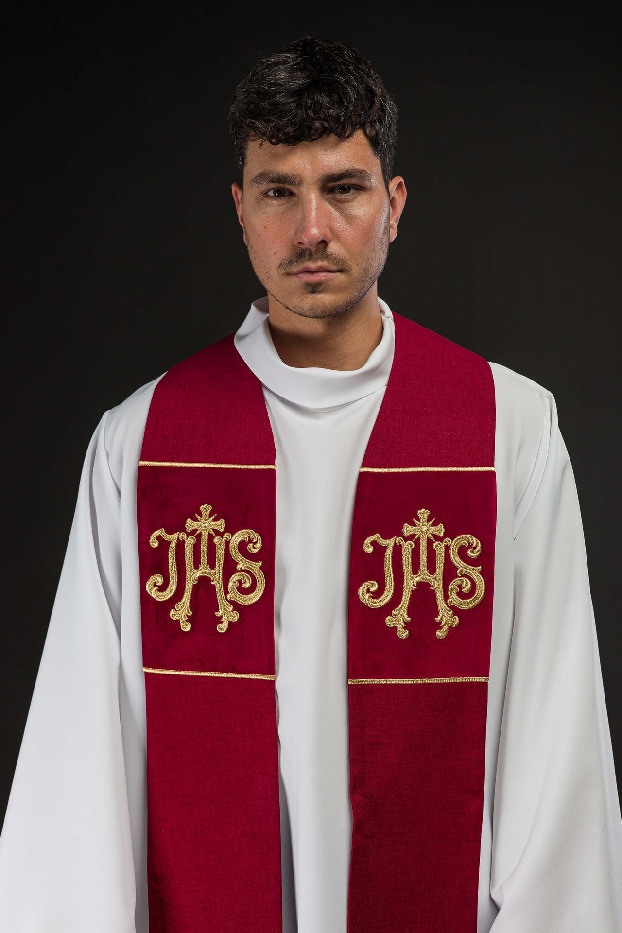 Velvet Embroidered Stole with IHS Motif in Red S-2055-02-70 - CHASUBLES.COM