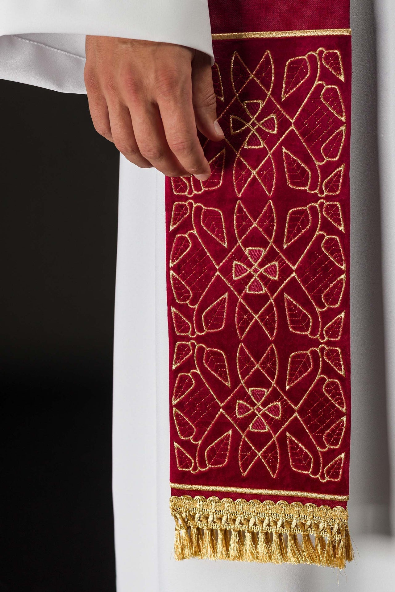 Velvet Embroidered Stole with IHS Motif in Red S-2055-02-70 - CHASUBLES.COM