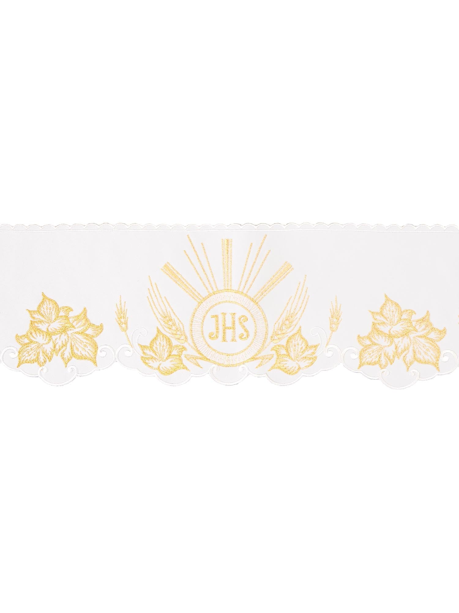 White altar superfrontal cloth with embroidered IHS symbol KOM/053/04 15cm 3,5m - HAFTINAUSA.COM