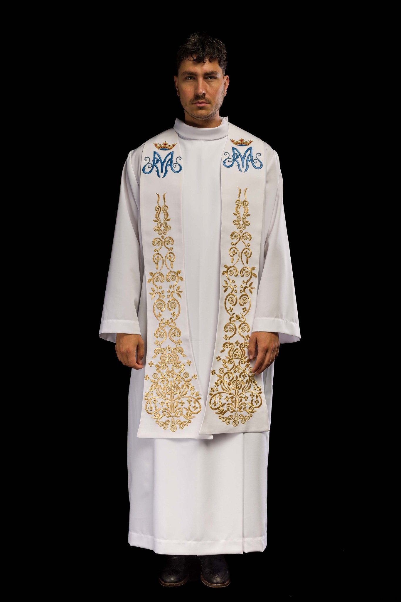 White embroidered priestly stole with Marian motif and crown KST/040/04/01 BIAŁY - HAFTINAUSA.COM