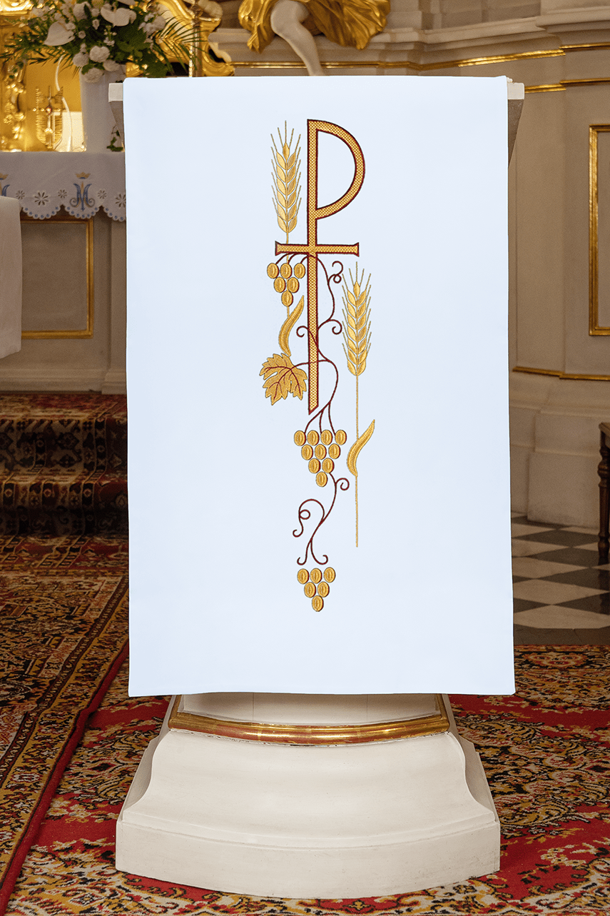 White lectern cover with embroidered PAX symbol KMO/001/04/01 BIAŁY 55*250 - HAFTINAUSA.COM