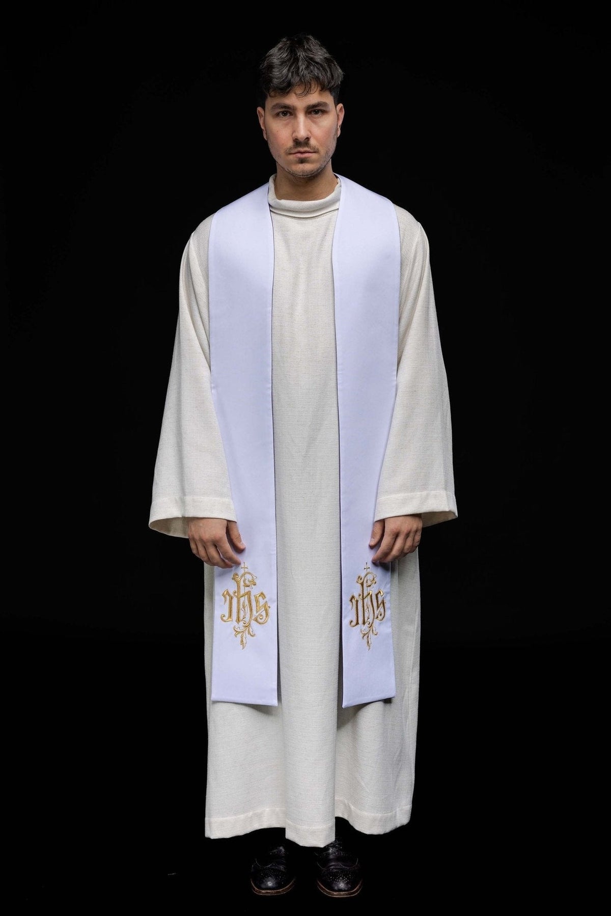 White Stole Embroidered with the IHS Monogram KST/053/04/12 BIAŁY - CHASUBLES.COM